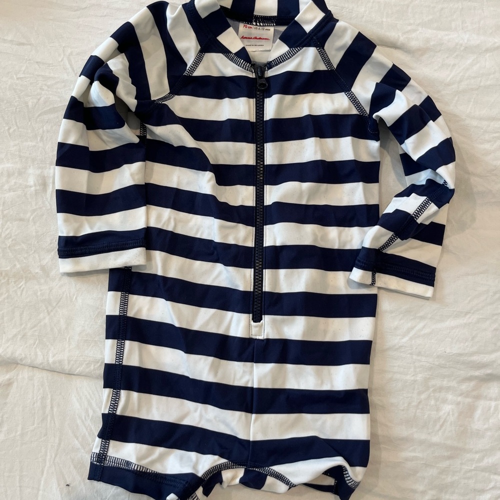 Hanna Andersson Navy and White Striped Baby Boys’ Rashguard swimsuit 6-12 mo